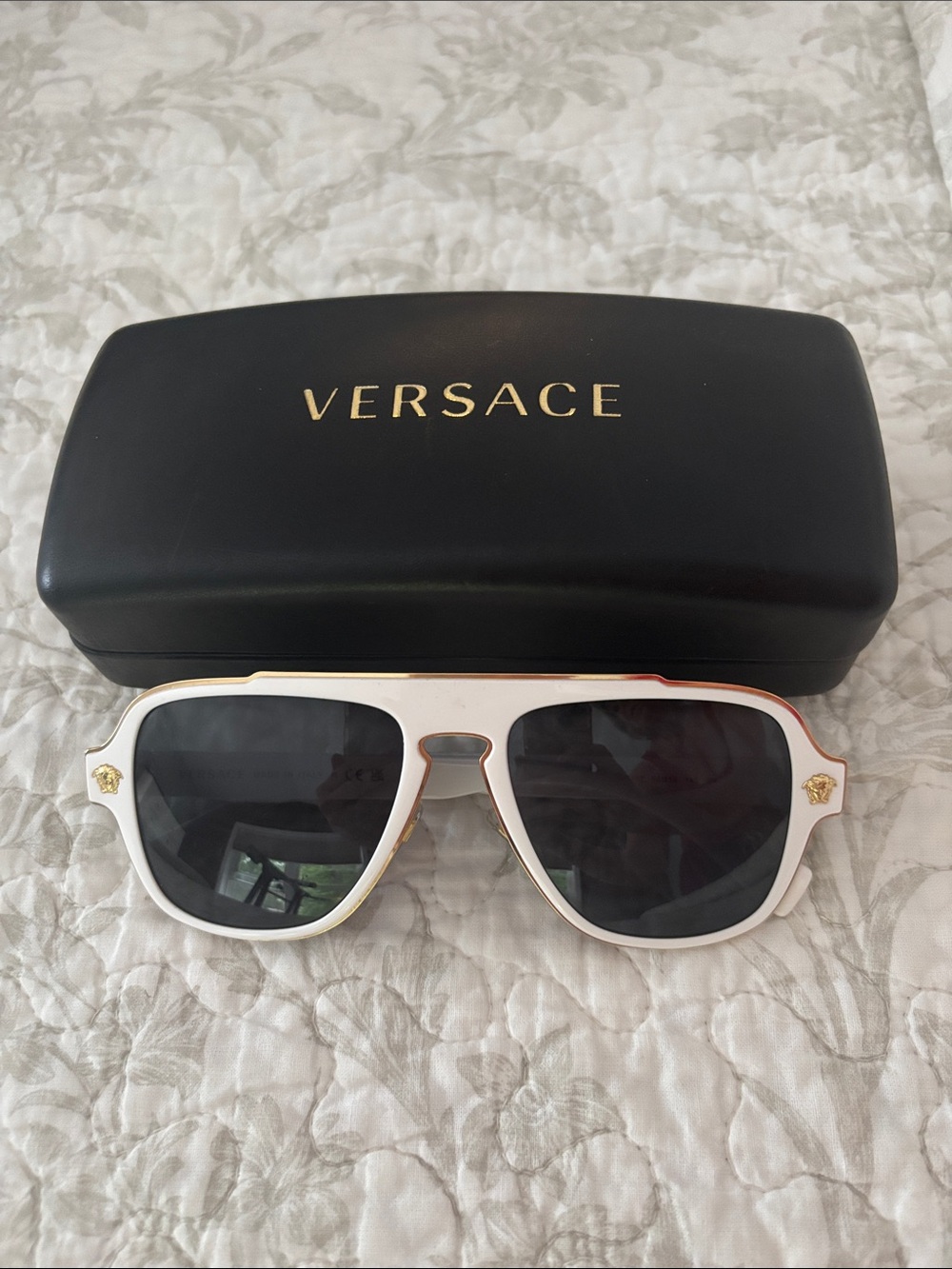 Versace White Sunglasses with Gold Medusa Accents and Black Lenses